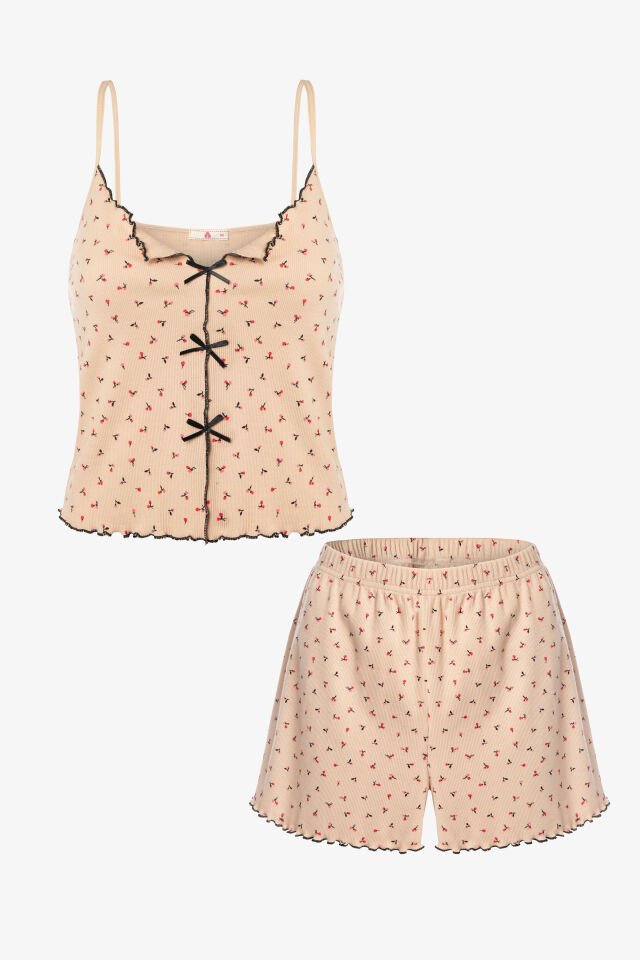 Kadın İnce Askılı Fiyonklu Pamuklu Şortlu Pijama Takımı S - Krem