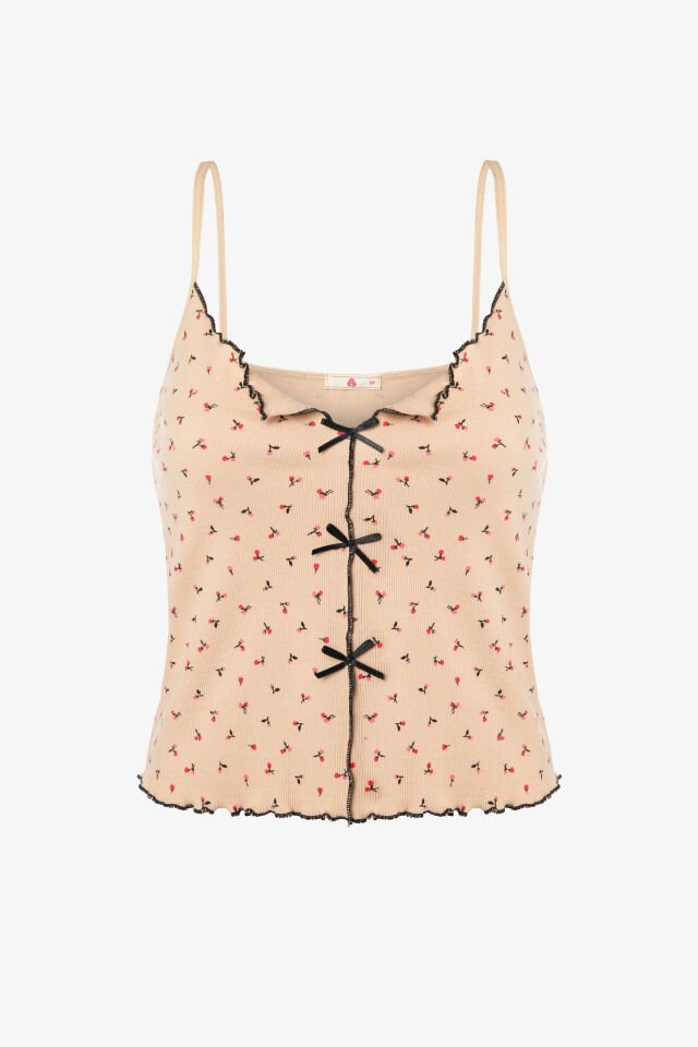 Kadın İnce Askılı Fiyonklu Pamuklu Şortlu Pijama Takımı S - Krem