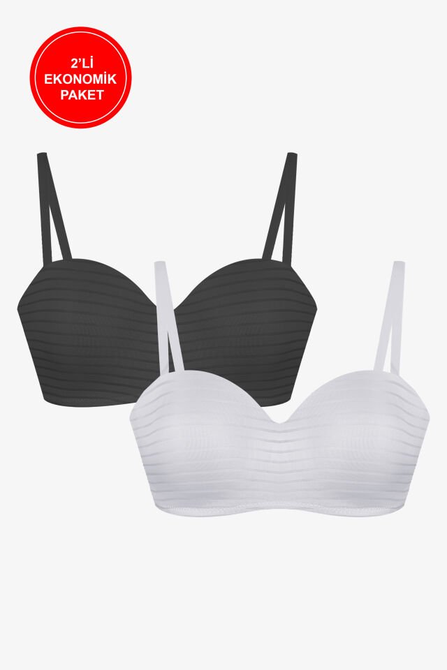 2'Lİ PAKET - Kadın Dolgusuz Transparan Çizgili Toparlayıcı Straplez Sütyen Siyah-Ekru - 95B