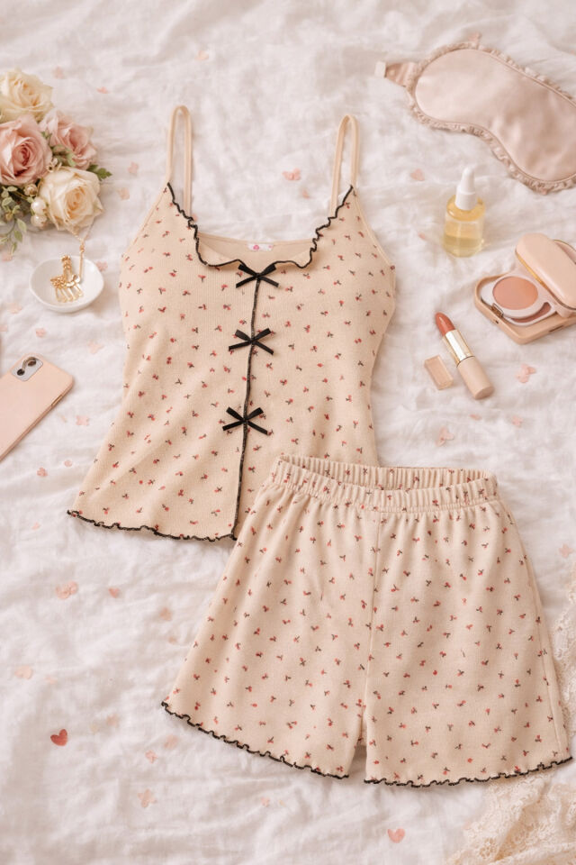 Kadın İnce Askılı Fiyonklu Pamuklu Şortlu Pijama Takımı M - Krem