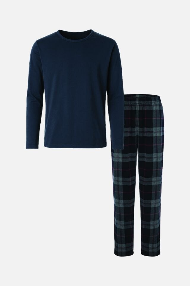 Micro Süet Uzun Kollu Ekose Desenli Pijama Takımı Lacivert - Siyah - XL/2XL