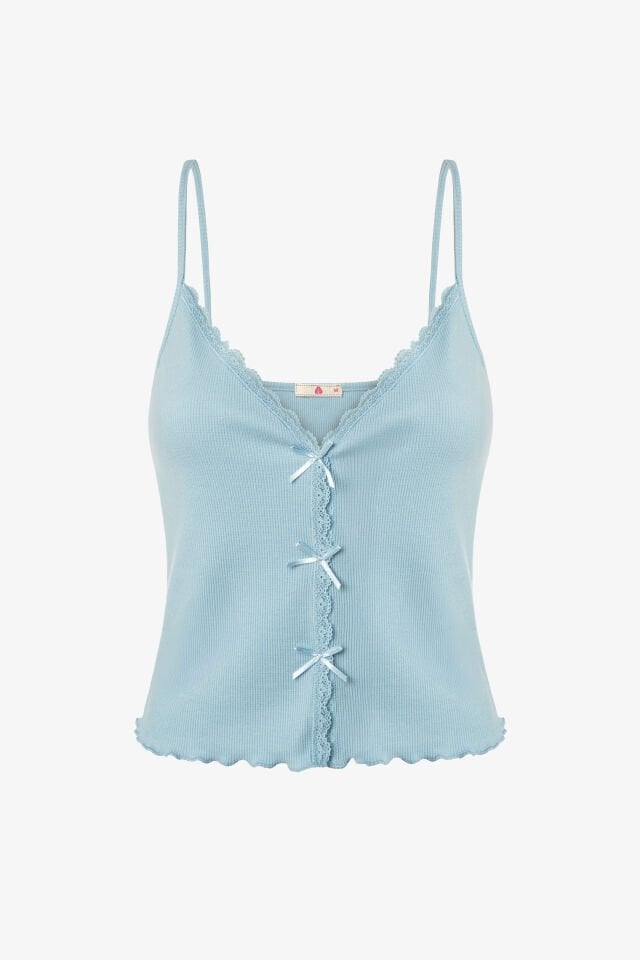 Kadın İnce Askılı Dantelli Fiyonklu Pamuklu Şortlu Pijama Takımı S - Mavi