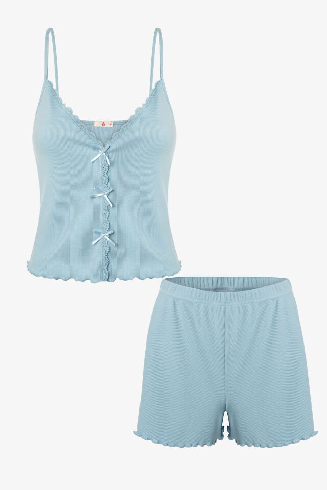 Kadın İnce Askılı Dantelli Fiyonklu Pamuklu Şortlu Pijama Takımı S - Mavi