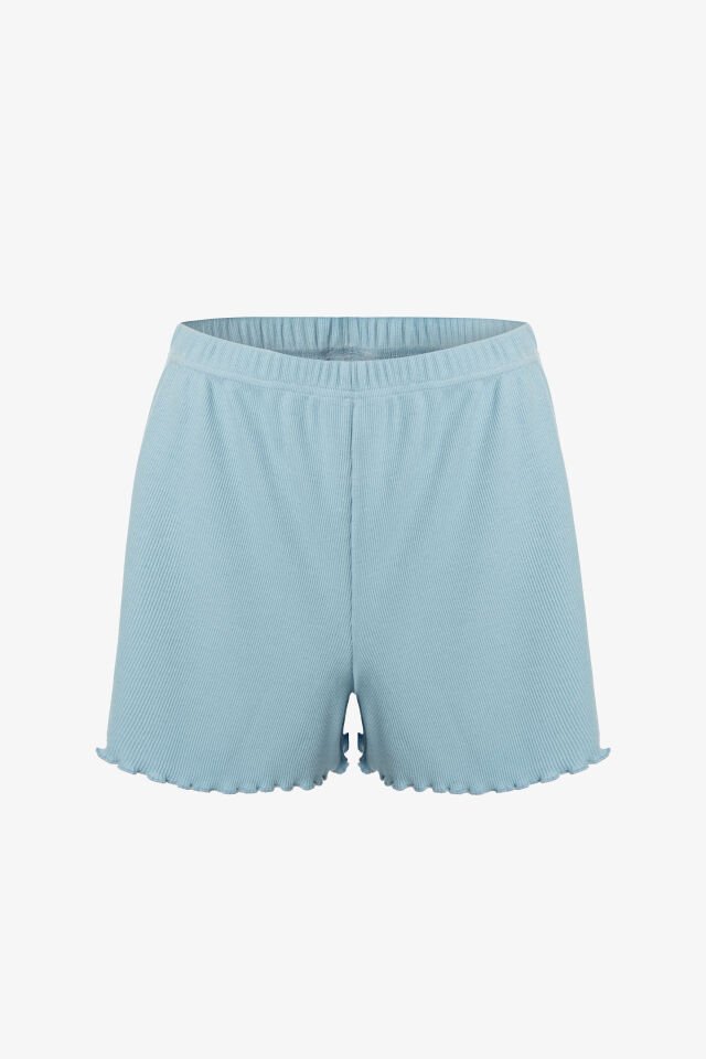 Kadın İnce Askılı Dantelli Fiyonklu Pamuklu Şortlu Pijama Takımı S - Mavi