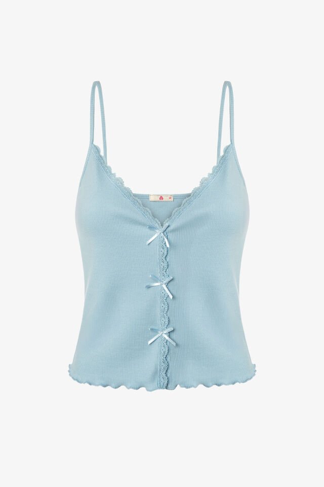 Kadın İnce Askılı Dantelli Fiyonklu Pamuklu Şortlu Pijama Takımı M - Mavi