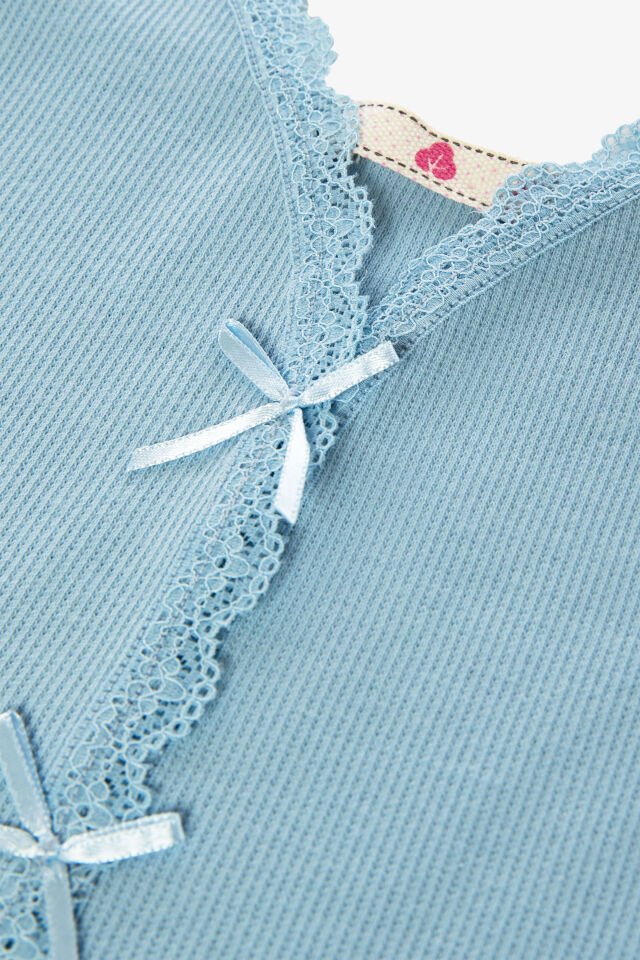 Kadın İnce Askılı Dantelli Fiyonklu Pamuklu Şortlu Pijama Takımı M - Mavi