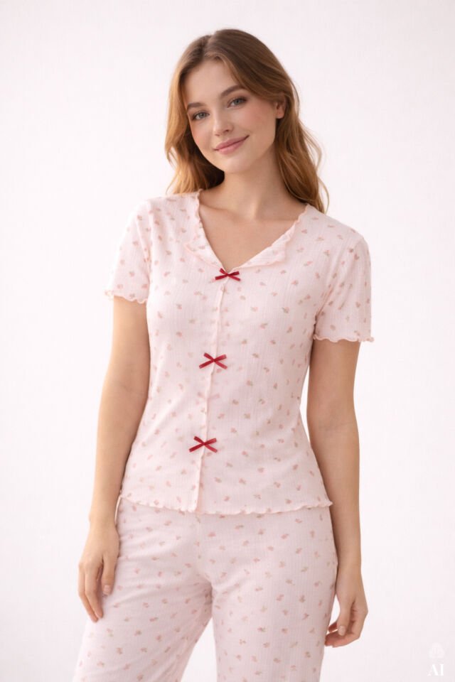 Kadın Kısa Kollu Fiyonklu Fitilli Pijama Takımı L - Pembe