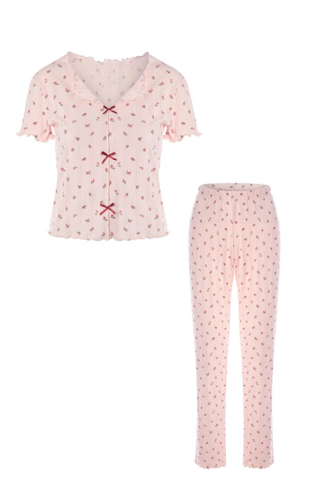 Kadın Kısa Kollu Fiyonklu Fitilli Pijama Takımı L - Pembe