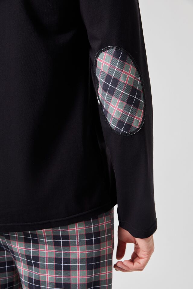 Erkek Pamuklu Uzun Kollu Yamalı Ekose Desenli Pijama Takımı Siyah - Kırmızı - XL