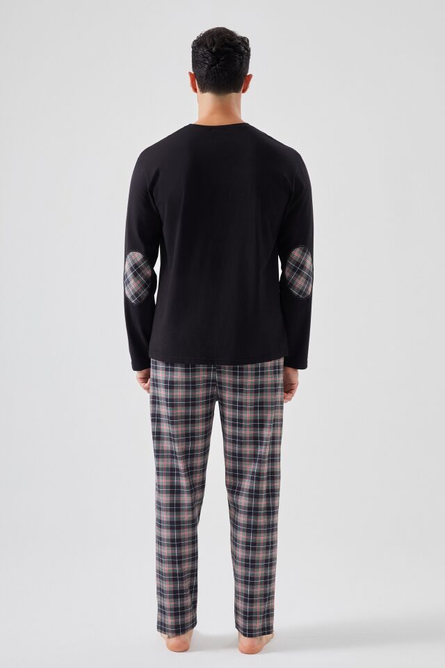 Erkek Pamuklu Uzun Kollu Yamalı Ekose Desenli Pijama Takımı Siyah - Kırmızı - XL