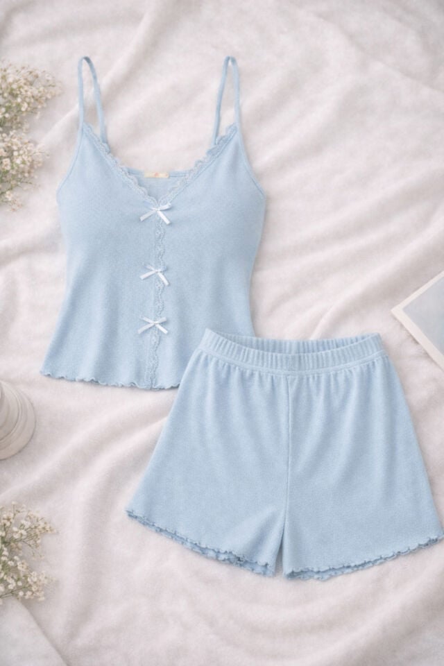 Kadın İnce Askılı Dantelli Fiyonklu Pamuklu Şortlu Pijama Takımı L - Mavi