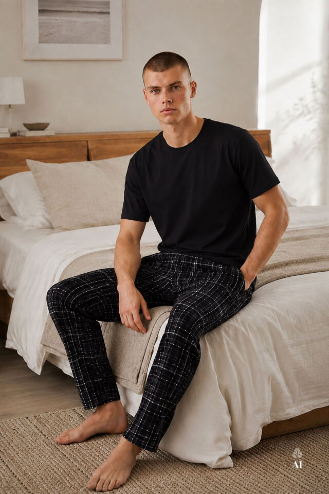 Erkek Pamuklu Kısa Kollu Lacivert Ekose Desenli Cep Detaylı Pijama Takımı Siyah - 2XL