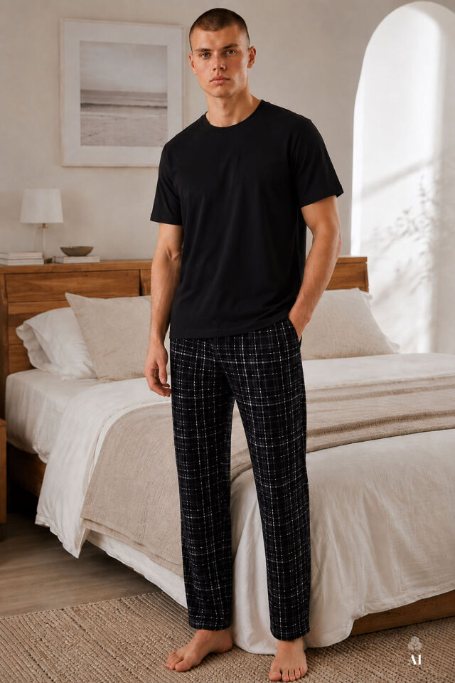 Erkek Pamuklu Kısa Kollu Lacivert Ekose Desenli Cep Detaylı Pijama Takımı Siyah - 2XL