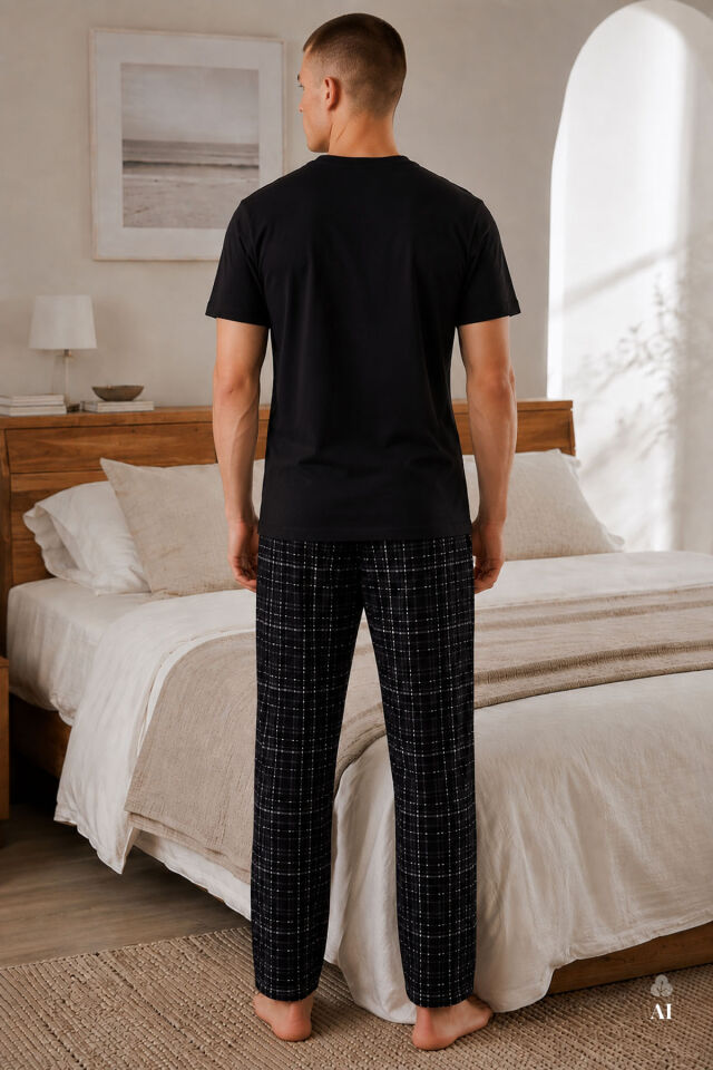 Erkek Pamuklu Kısa Kollu Lacivert Ekose Desenli Cep Detaylı Pijama Takımı Siyah - 2XL
