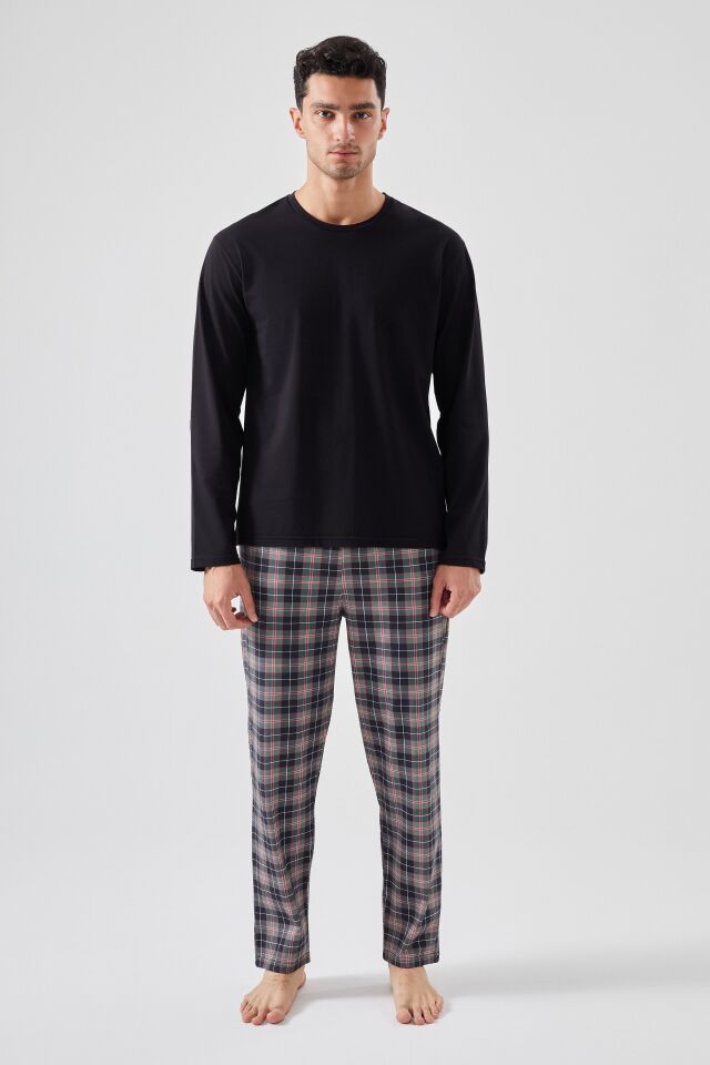 Erkek Pamuklu Uzun Kollu Yamalı Ekose Desenli Pijama Takımı Siyah - Kırmızı - 2XL