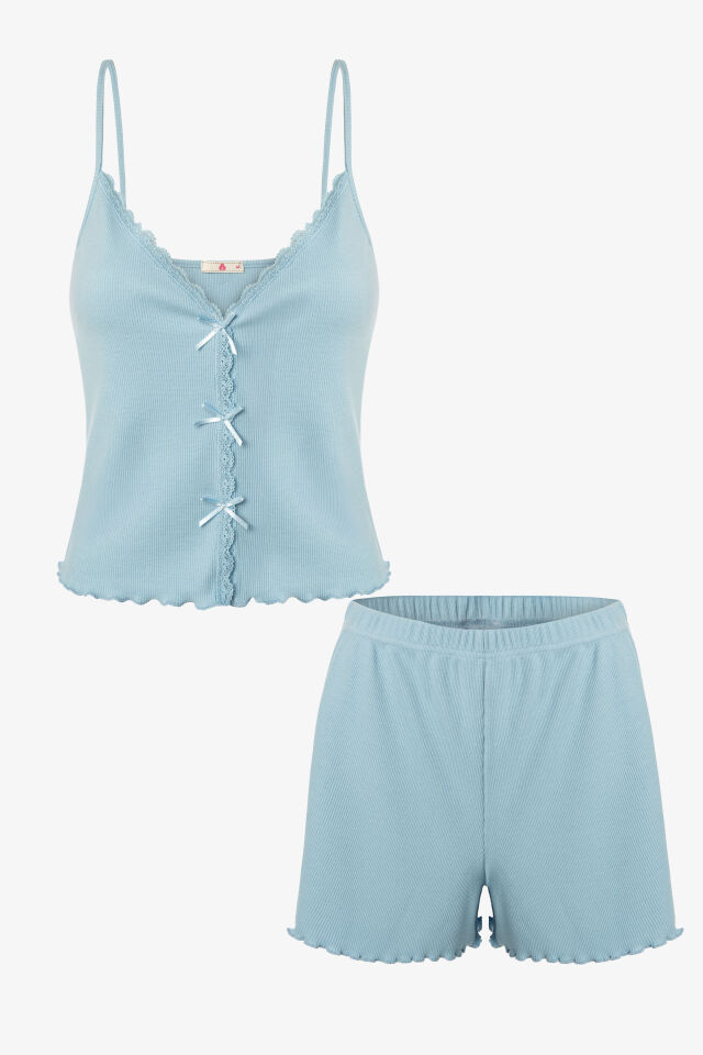 Kadın İnce Askılı Dantelli Fiyonklu Pamuklu Şortlu Pijama Takımı XL - Mavi