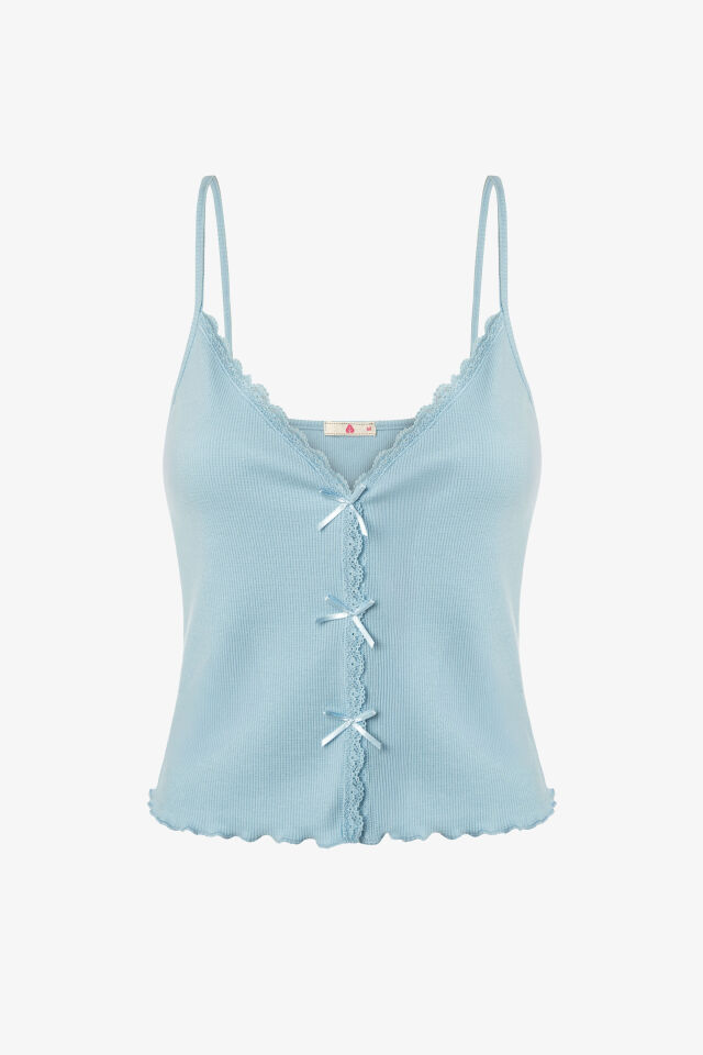 Kadın İnce Askılı Dantelli Fiyonklu Pamuklu Şortlu Pijama Takımı XL - Mavi