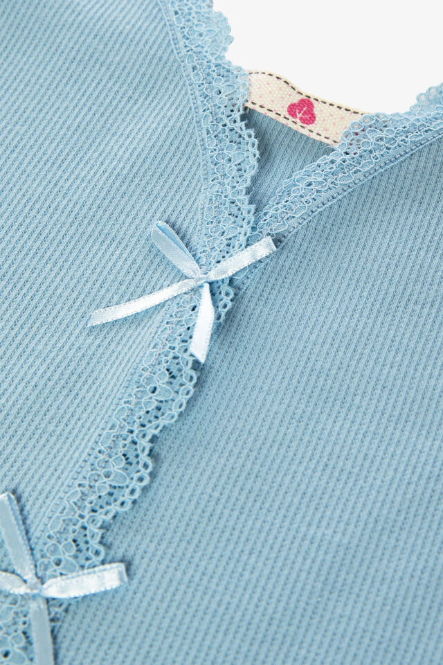 Kadın İnce Askılı Dantelli Fiyonklu Pamuklu Şortlu Pijama Takımı XL - Mavi