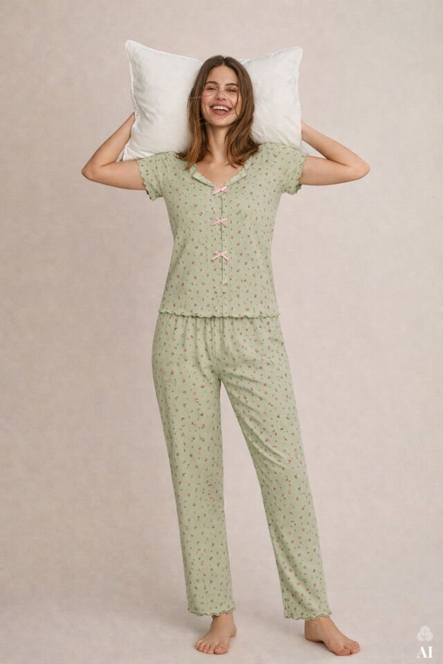 Kadın Kısa Kollu Fiyonklu Fitilli Pijama Takımı S - Yeşil