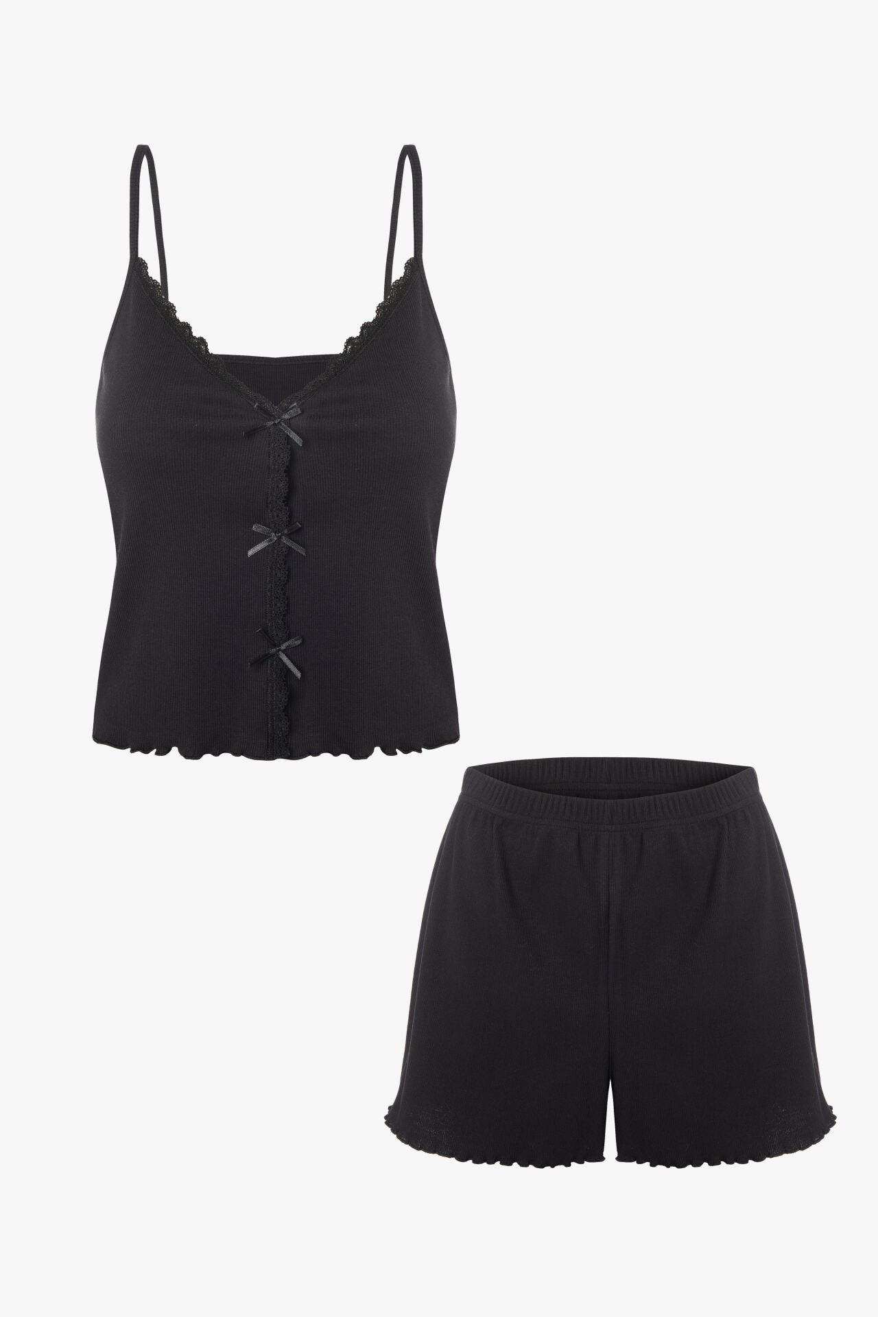 Kadın İnce Askılı Dantelli Fiyonklu Pamuklu Şortlu Pijama Takımı M - Siyah