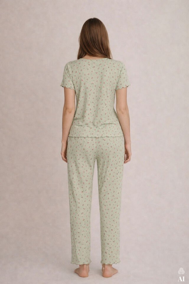 Kadın Kısa Kollu Fiyonklu Fitilli Pijama Takımı L - Yeşil