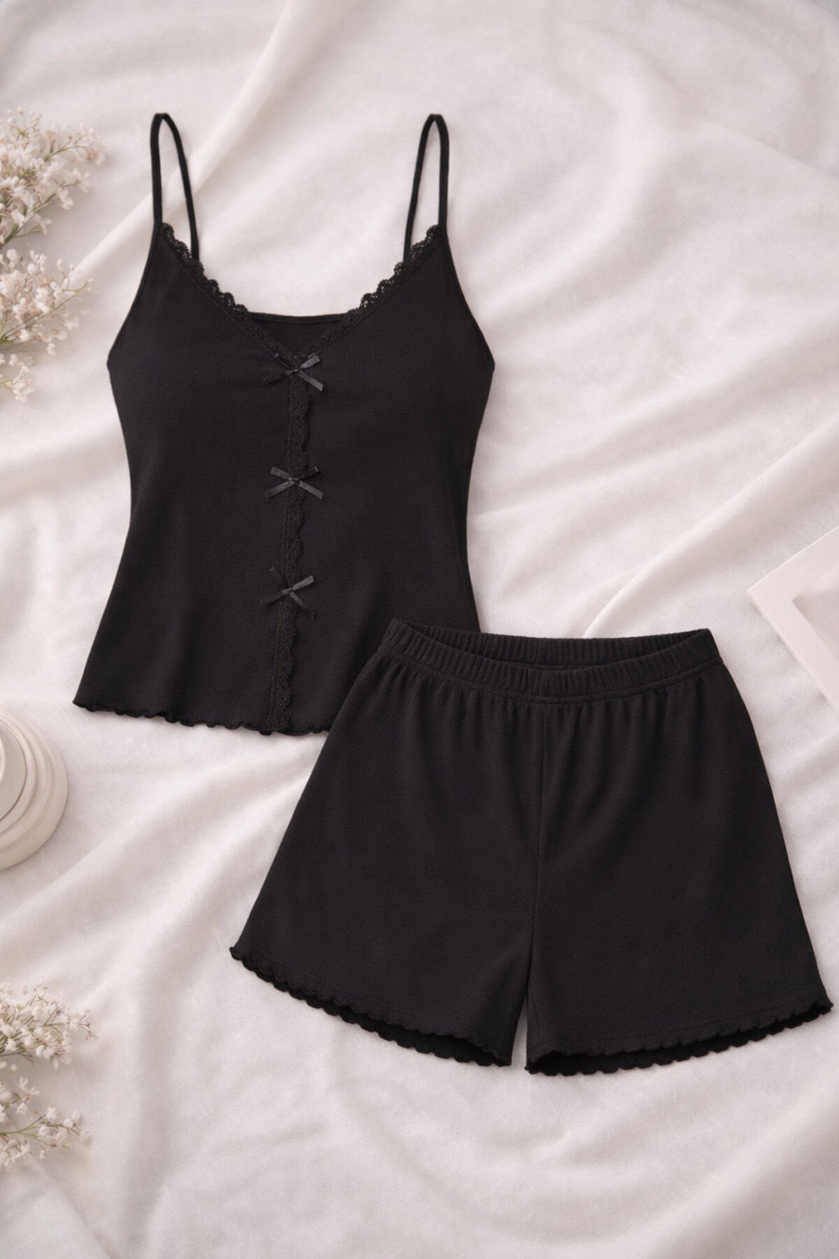 Kadın İnce Askılı Dantelli Fiyonklu Pamuklu Şortlu Pijama Takımı L - Siyah