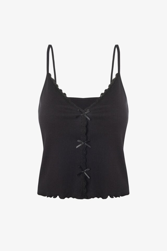 Kadın İnce Askılı Dantelli Fiyonklu Pamuklu Şortlu Pijama Takımı L - Siyah