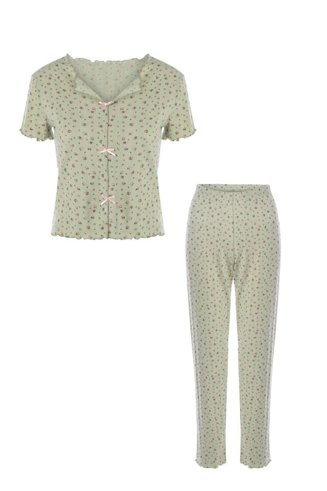 Kadın Kısa Kollu Fiyonklu Fitilli Pijama Takımı XL - Yeşil