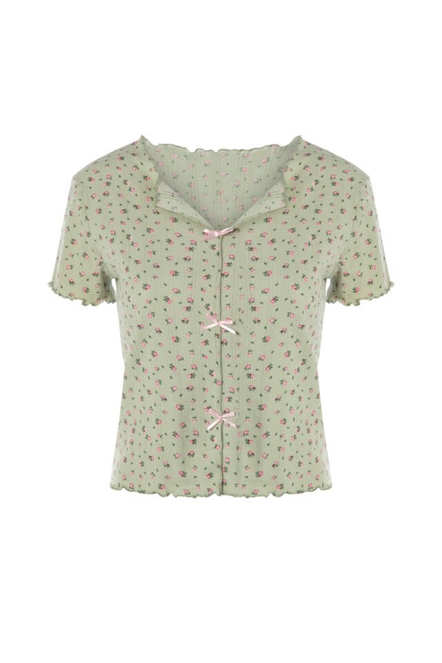 Kadın Kısa Kollu Fiyonklu Fitilli Pijama Takımı XL - Yeşil