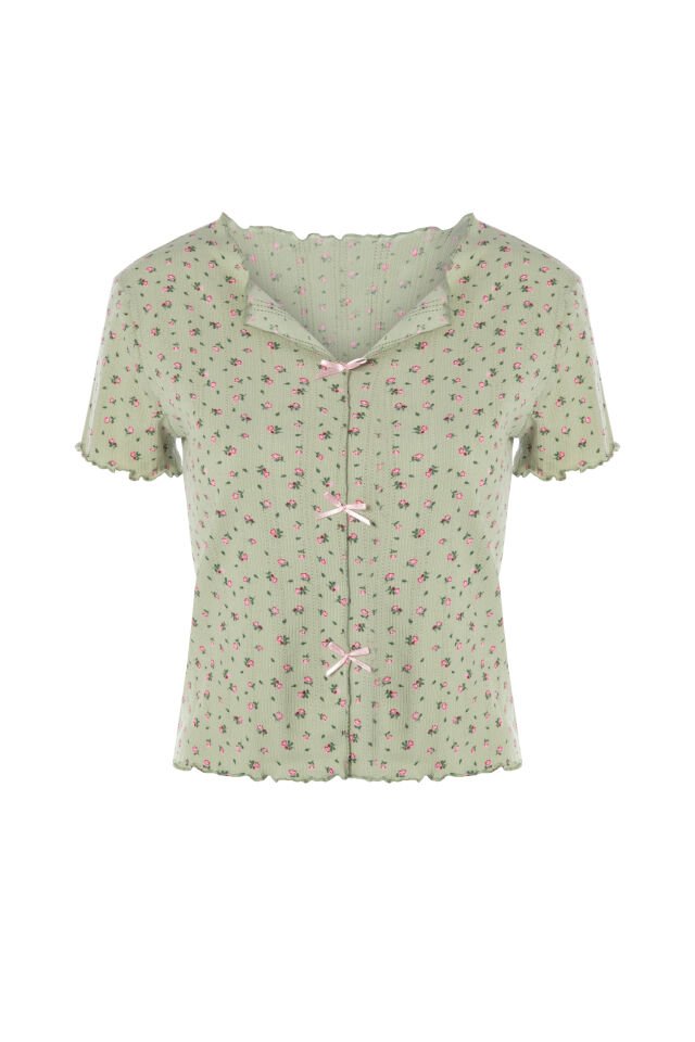 Kadın Kısa Kollu Fiyonklu Fitilli Pijama Takımı XL - Yeşil