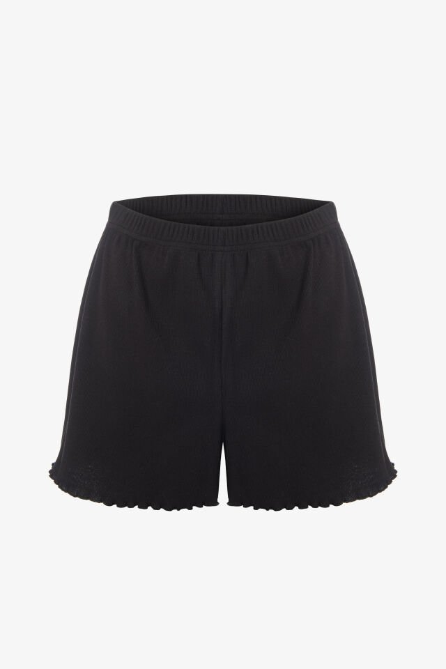 Kadın İnce Askılı Dantelli Fiyonklu Pamuklu Şortlu Pijama Takımı XL - Siyah