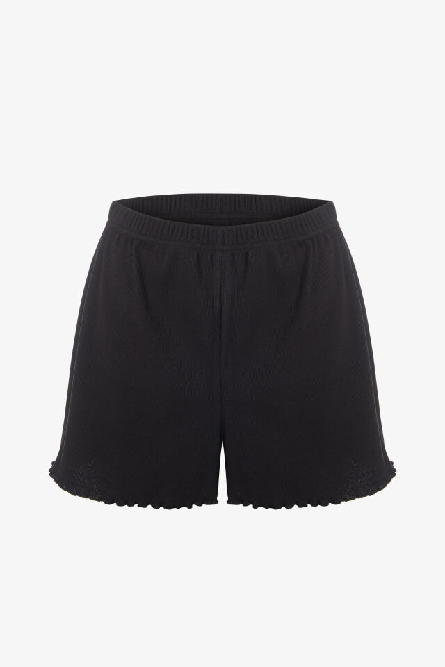 Kadın İnce Askılı Dantelli Fiyonklu Pamuklu Şortlu Pijama Takımı XL - Siyah