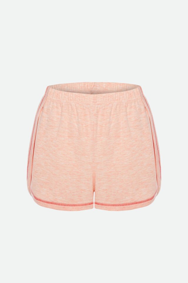 Kadın Yandan Yırtmaç Detaylı Pembe Melanj Kısa Kollu Şort Takım M - Pembe