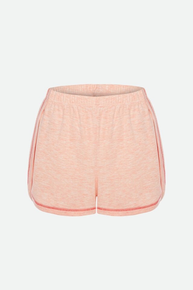 Kadın Yandan Yırtmaç Detaylı Pembe Melanj Kısa Kollu Şort Takım L - Pembe