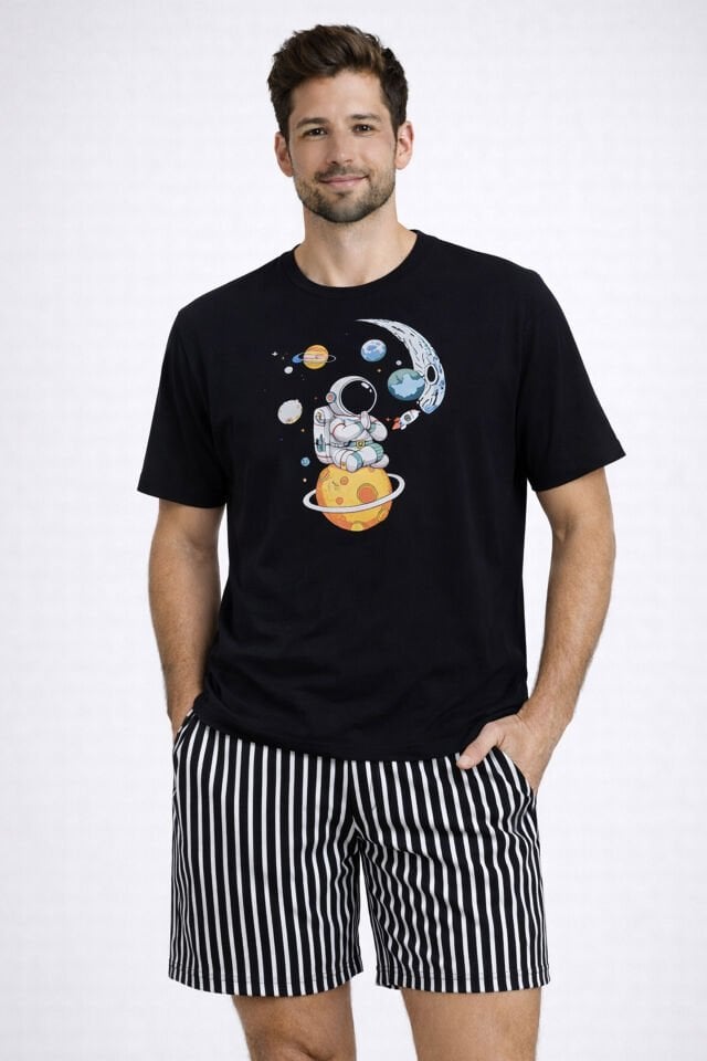 Erkek Pamuklu Kısa Üst Baskılı Cepli Şort Pijama Takımı Siyah - Beyaz - 2XL