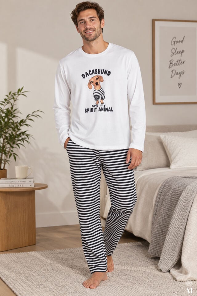 Erkek Pamuklu Çizgili Desenli Cepli Pijama Takımı Siyah - Beyaz - 2XL