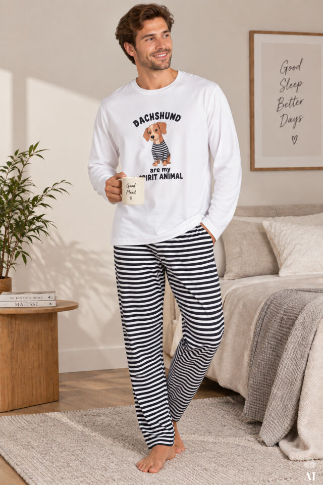 Erkek Pamuklu Çizgili Desenli Cepli Pijama Takımı Siyah - Beyaz - 2XL