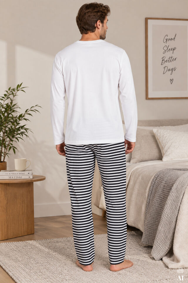 Erkek Pamuklu Çizgili Desenli Cepli Pijama Takımı Siyah - Beyaz - 2XL