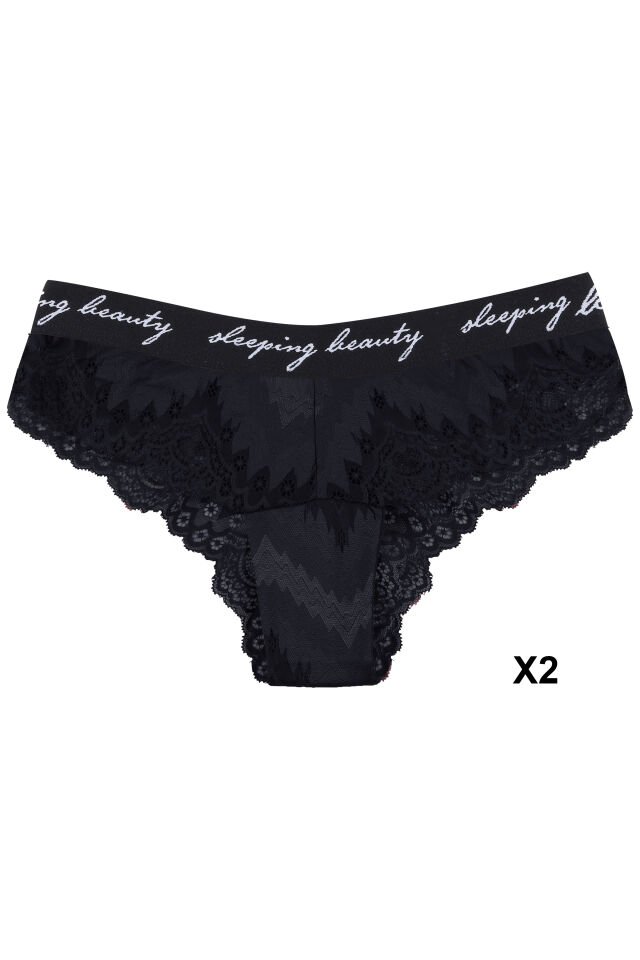 Kadın 6'lı Yazılı Lastikli Dantelli Fantezi Külot Siyah  -  Bordo - M/L