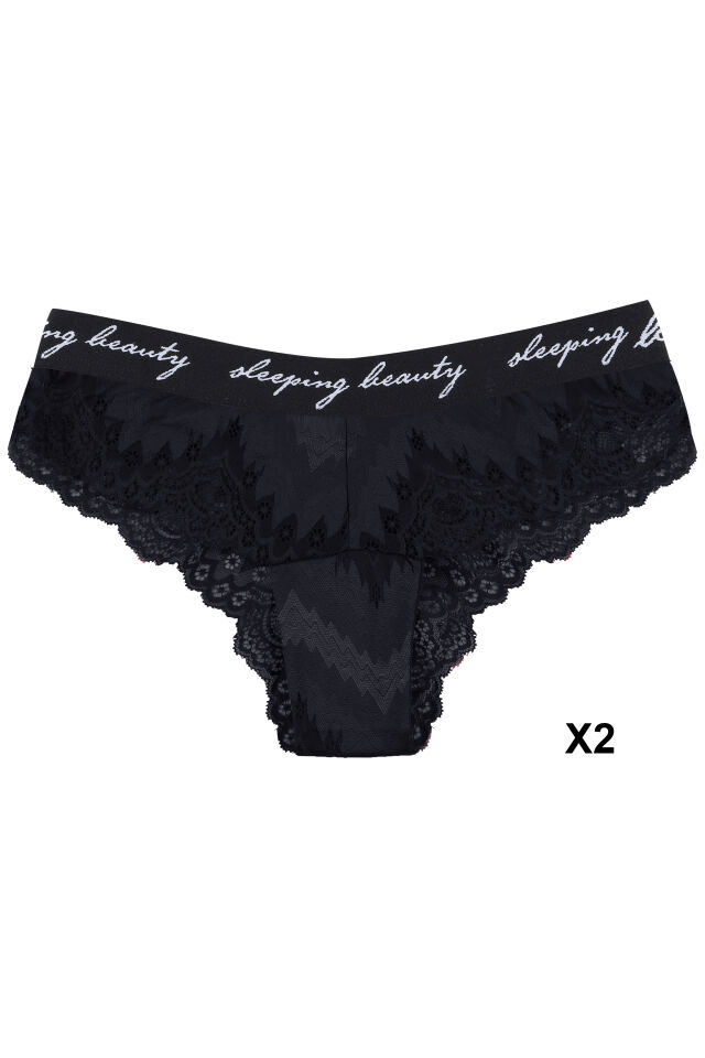 Kadın 6'lı Yazılı Lastikli Dantelli Fantezi Külot Siyah  -  Bordo - M/L
