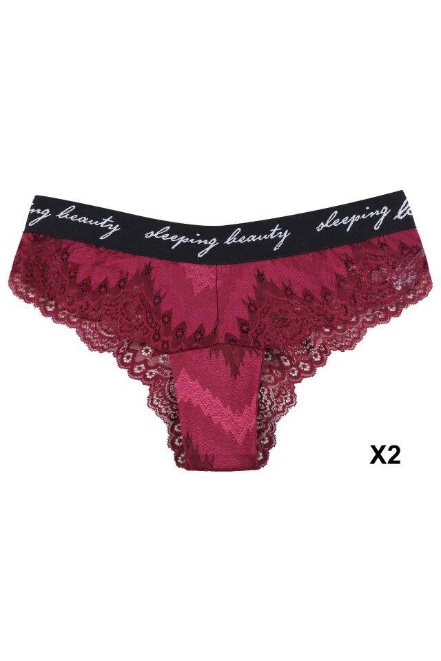 Kadın 6'lı Yazılı Lastikli Dantelli Fantezi Külot Siyah  -  Bordo - M/L