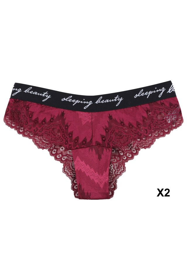 Kadın 6'lı Yazılı Lastikli Dantelli Fantezi Külot Siyah  -  Bordo - M/L