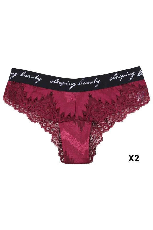 Kadın 6'lı Yazılı Lastikli Dantelli Fantezi Külot Siyah  -  Bordo - M/L