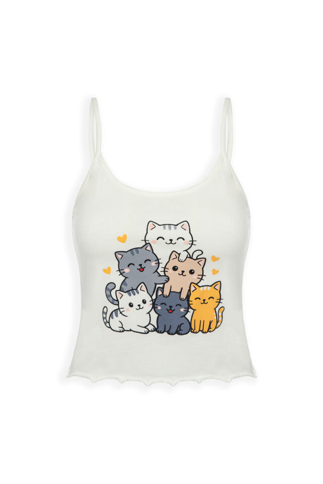 Kadın İnce Askılı Desenli Pamuklu Şortlu Pijama Takımı Beyaz - Füme - S