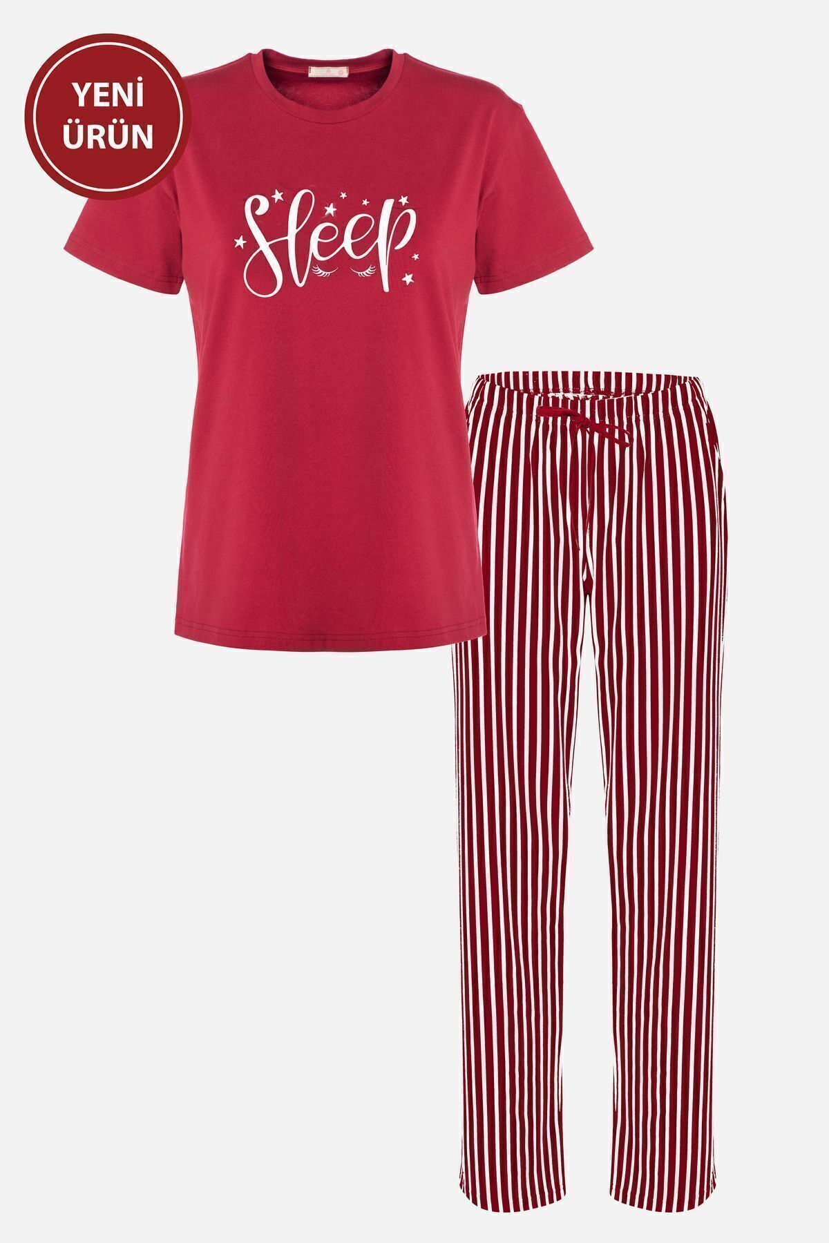 Kadın Kısa Kollu Pamuklu Çizgili Pijama Takımı 5kırmızı - S - 5kırmızı - S