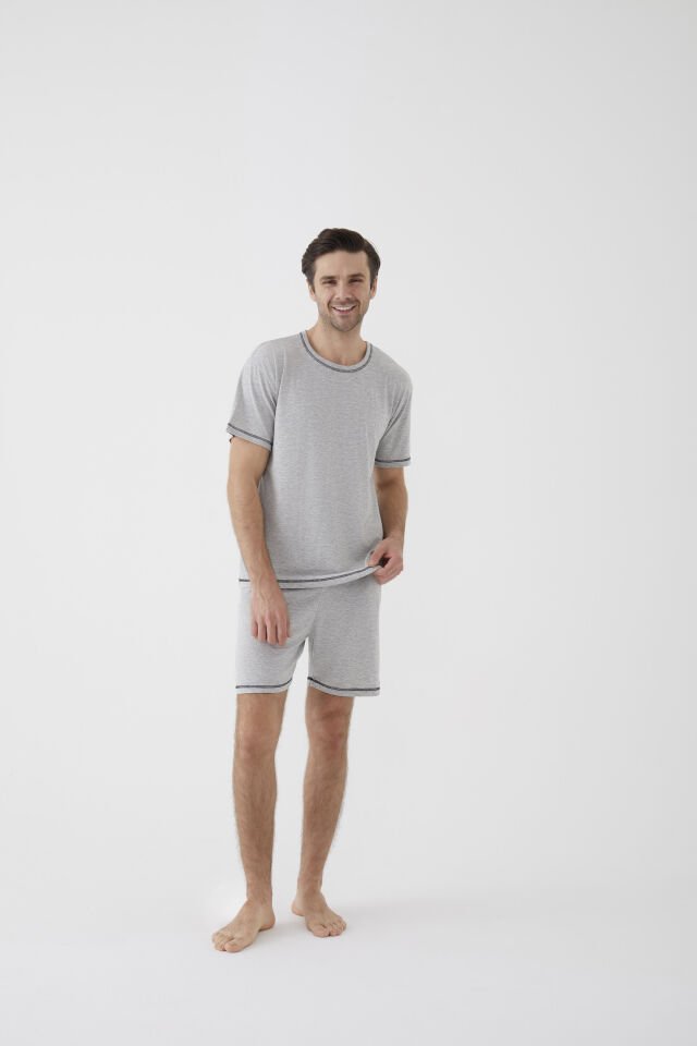 Erkek Gri Melanj Karyoka Dikişli Şortlu Pijama Takımı KO6305TS-1 Gri Melanj - L