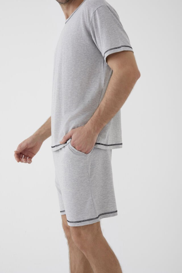 Erkek Gri Melanj Karyoka Dikişli Şortlu Pijama Takımı KO6305TS-1 Gri Melanj - L