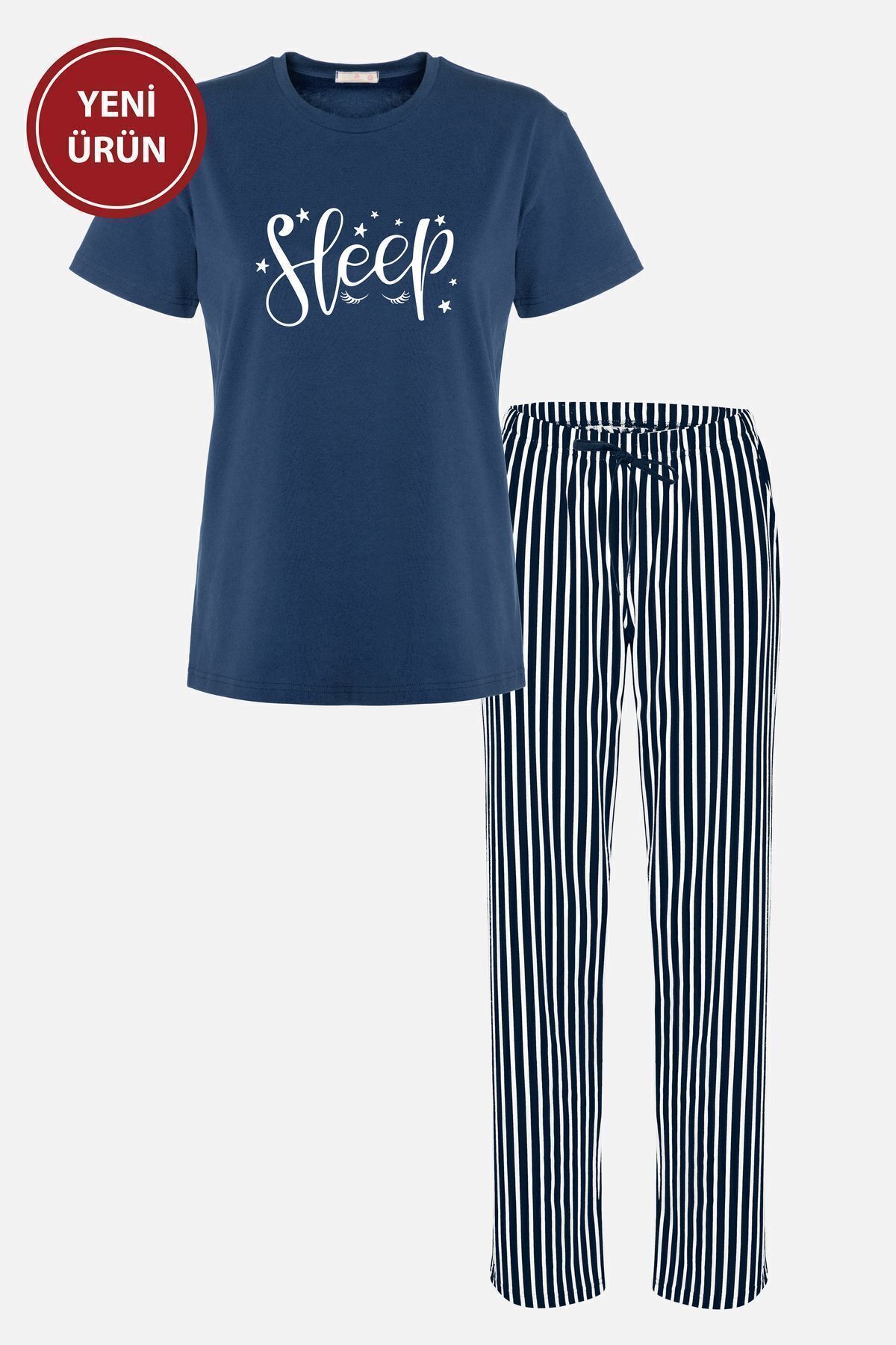 Kadın Kısa Kollu Pamuklu Çizgili Pijama Takımı 4lacivert - S - 4lacivert - S