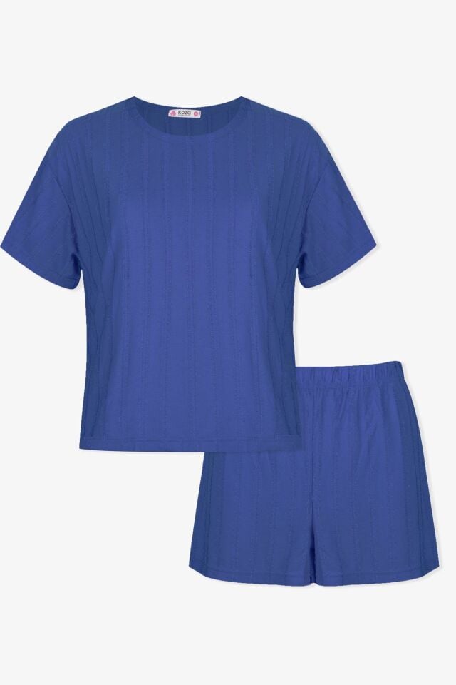 Kadın Saks Saçaklı Yarım Kollu Şortlu Takım KO70116 Saks - M - KO70116 Saks - M