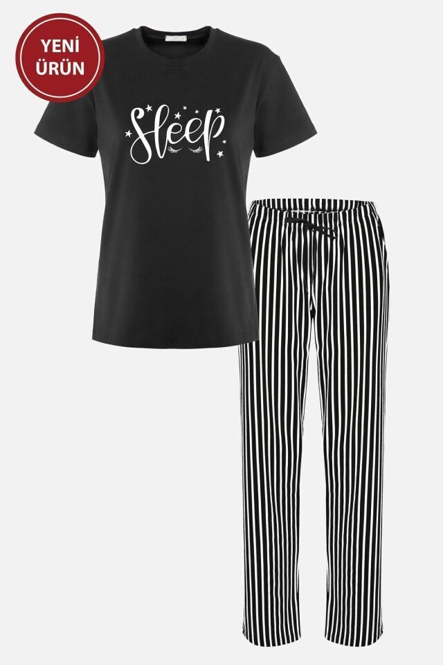 Kadın Kısa Kollu Pamuklu Çizgili Pijama Takımı 3füme - L - 3füme - L